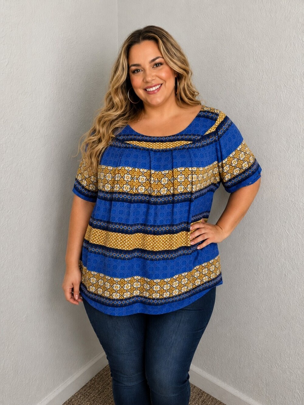 Sara Michelle Blue & Gold Print Scoop Neck Short Sleeve Blouse, Size 3X